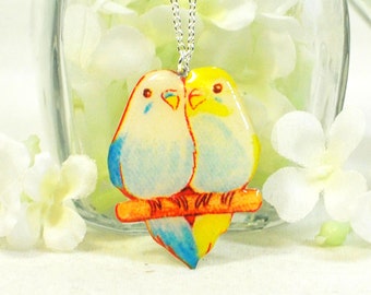 Bird Necklace Lovey and Dovey Love Birds - Parakeet Pendant - Bird Jewelry - Blue and Yellow Parakeet Jewelery - Budgie Necklace