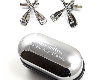 Crossed Boat Rowing Oars Cufflinks & Engraved Gift Box (X2AJ037) - Novelty Cufflinks, Quirky Cufflinks, Personalised Cufflinks Box
