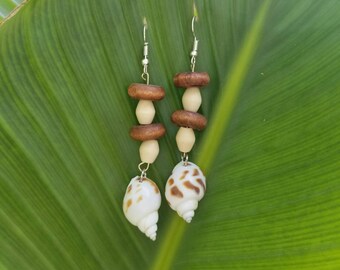 Silver Fishhook Earwires with Beached Shell and Wood Beads