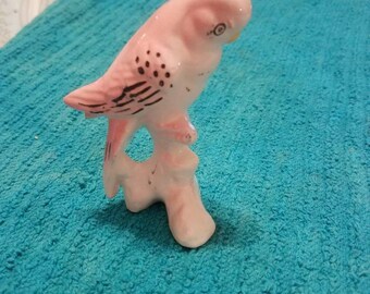 Pink Bird on Tree Stump Figurine