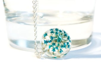 blue resin necklace, real flower necklace, resin jewelry, resin flower necklace, nature inspired necklace, real flower, resin pendant gift