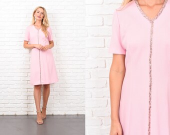 Vintage 70s Pink Mod Dress Sequin Striped A Line Short Sleeve Medium M 10359