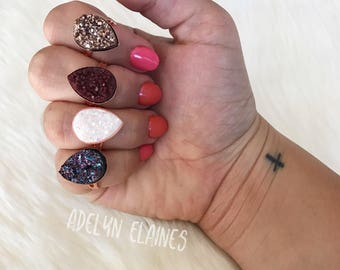 Fall Colors Druzy Teardrop Adjustable Druzy Rings - Rose Gold, Midnight Purple, Sparkly White, & Maroon
