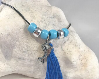 Dolphin Necklace, Dolphin Tassel Necklace, Dolphin, Tassel Necklace, Dolphin Jewelry, Blue Necklace, Blue, Tassel, Nautical, Ocean, Summer