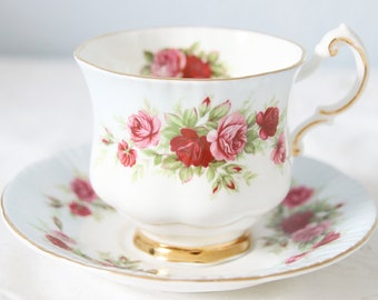 Vintage Paragon Lady Size Cup and Saucer, White and Pastel Blue, Red and Pink Roses Decor, England