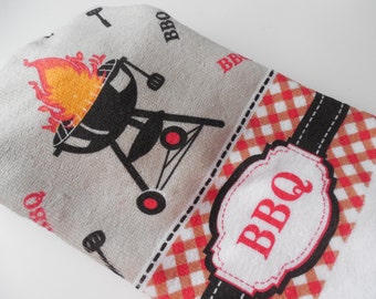 BBQ - Kitchen Towel - Crochet Top - Handmade - Hanging Towel - Black and Red - Handmade Crochet - Ready to Ship