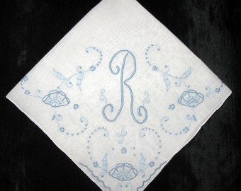 Wedding Handkerchief for Bride, Blue Wedding Hankie, Initial R B E F S D G M or N on White Hankie