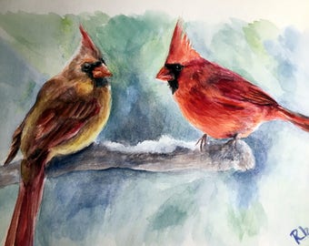 Buy One Get One Free Winter Cardinals Original Watercolor Painting size 4X6" on watercolor paper adorable red bird