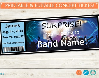SURPRISE Concert Tickets Printable // Adobe Reader Editable PDF // DIY, Instant Download, custom names, printable surprise, template, gift