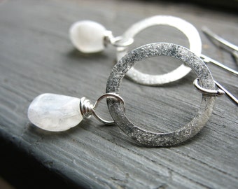 Moonstone earrings, Rainbow Moonstone Silver Hoop Earrings, Handmade Stone Earrings, Metalwork Earrings