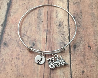 Train engine initial bangle - train jewelry, steam engine bangle, railroad jewelry, locomotive jewelry, silver train bracelet, train bangle