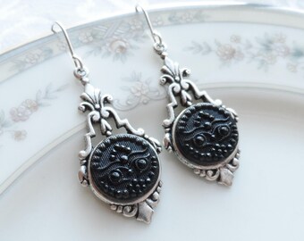 Antique Glass Button Earrings, Wise Old Owl, Silver Ox Finish, Black Glass, Victorian Button