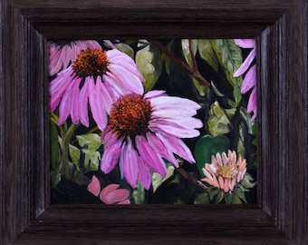 Floral Oil Painting, Purple Coneflowers, framed, Echinacea Blooms