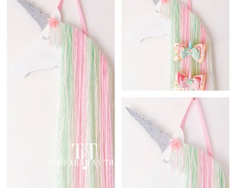 Unicorn hair bow holder, mint, pink, white, hair clip holder, accessory holder, unicorn bedroom, girls bedroom, hair bow organiser, unicorn