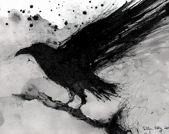 Crow painting - Ink on 8x12in canvas, A4, 20x30cm - abstract flying crow - sumi 2