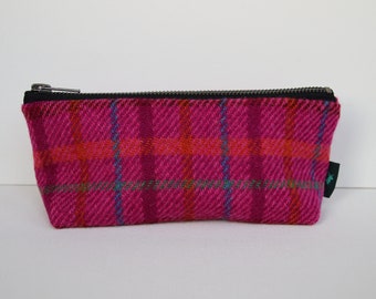 Harris Tweed make-up bag in bright purple check with water-resistant lining