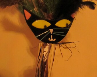 Fused glass whimsical black cat garden stake