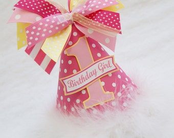 Hot Pink Dot, Light Pink, and Yellow Party Hat - You are my sunshine, Lemonade Stand Birthday Party