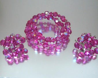 Purple Pink Crystal Memory Bracelet and Matching Dangle Earrings