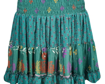 Boho Gypsy Hippie Flare High Waist Skirt Vintage Recycled Silk Sari Beautiful Green Tiered Skirts