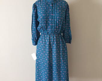 micro floral day dress | sky blue dress | 1980s semi sheer pleated dress