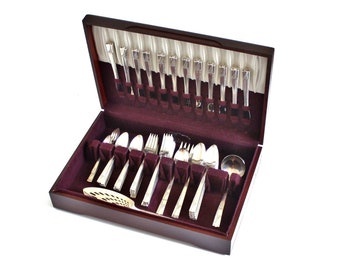 Silver Flatware Set Art Deco Silverware Antique Silverplate Complete Service for 12 with Wood Chest, Nobility Plate Caprice 1930s