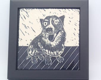 Corgi Art, Framed Ceramic Tile, Art Tile, Wall Tile, Dog Tile, Framed Tile, Black & White Sgraffito Tile, Carved Tile, Dog Lover Gift