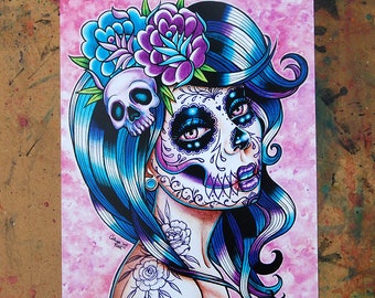 Sugar Skull Girl Signed Art Print - In Between Art Print - 5x7, 8x10, or 11x14 - Day of the Dead Sugar Skull Girl Tattoo Flash