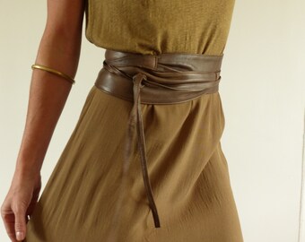 Wide obi women tie, soft light brown leather belt, secret pocket