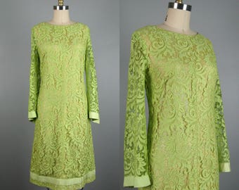 Vintage 1960s Dress 60s Lemongrass Lace Shift Dress with Bell Sleeves by Carol Craig SIze