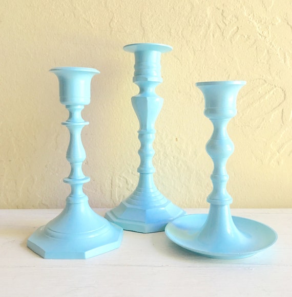 Set of Light Blue Painted Metal Candlesticks Candle Holders