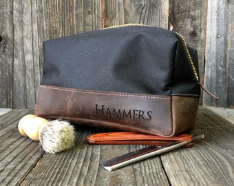 Mens Toiletry Bag - Personalized Dopp Kit - Groomsmen Gift - Black & Oil Brown
