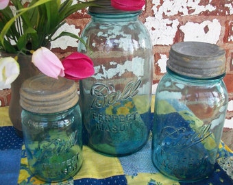 3 Vintage Ball Perfect Mason Jars Aqua Blue Half Gallon Quart and Pint Sized with Zinc Lids Pint Jar Has a Small Chip B1269