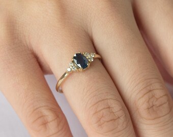 0.77CT Oval Blue Sapphire Diamond Ring, 14k Solid Gold Ring, September Birthstone Ring, Sapphire Diamond Engagement Ring, Anniversary Ring