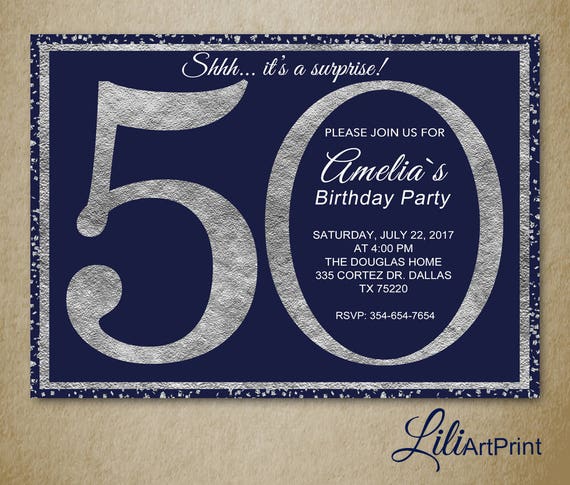 50th Birthday Invitation Silver Invitation Silver Glitter