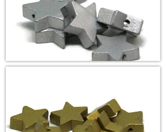 2 wooden star beads / gold 19mm