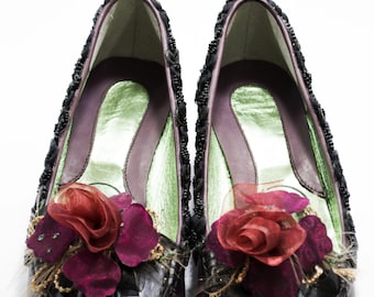Loafers for women, women's shoes, loafers with flowers, plum/black loafers, loafers applications, loafers handmade, exclusive loafers