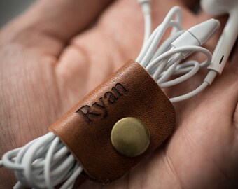 Cable Organizer, Organizer, Earphone Holder, Headphone Holder, Leather Cord Holder, Cord Keeper, iPhone Cord Wrap, Earbuds - ENG TAN