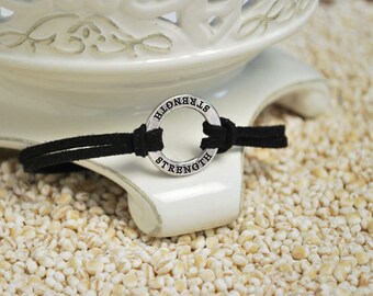 STRENGTH Bracelet - Inspirational word bracelet - metal affirmation ring with inspirational saying on cord bracelet