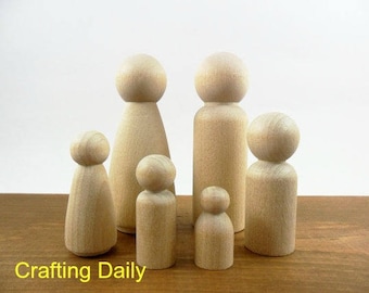 Wood Peg Doll People Family Man Woman Boy (2) Girl Baby Set of 6