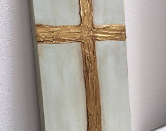 Gold Cross knife painting with heavy texture on canvas, 12x36