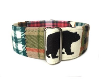 Bear Camp Flannel Martingale Dog Collar or Buckle Collar, Rustic Woodland Animal and Red, Tan, Green Patchwork Plaid Flannel Collar