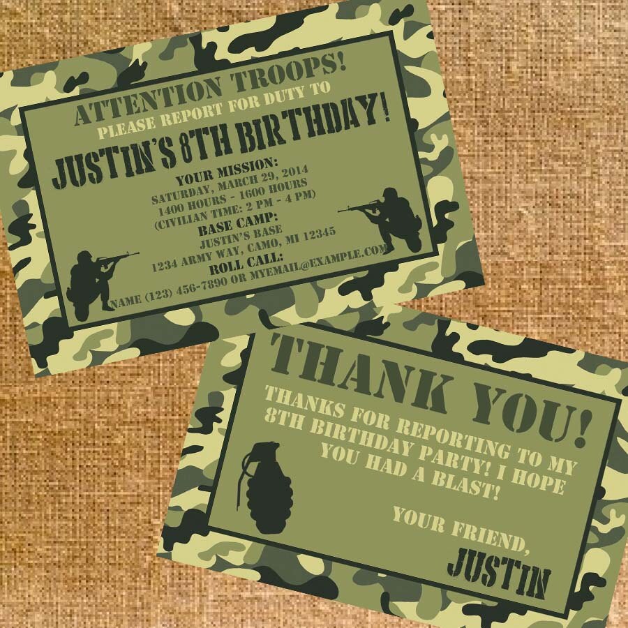 Customized Army Camo Birthday Party Invite & Thank You