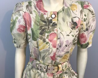 Vintage Floral Belted 80s Dress.