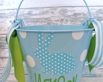 Monogrammed Blue Polka Dot Bunny Easter Bucket