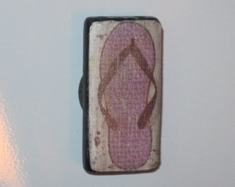 Purple Flip-Flop Silver Shimmer Decoupage on Black Bamboo Domino Tile Magnet