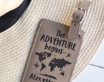 The Adventure Begins LUGGAGE TAG, Personalized Gifts, Wedding Gift, World Map Luggage Tag, Faux Leather, Custom Travel Gifts for Couple LT2