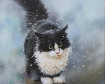 Cat on the fence, Original oil painting, Winter, Snow, Animalistic oil painting
