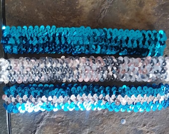 Package of 3 Turquoise and Silver Sequin Headbands - Team,Spirit