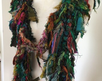 sale Earthy woodland shades Recycled silk hand knitted boho tattered rag scarf